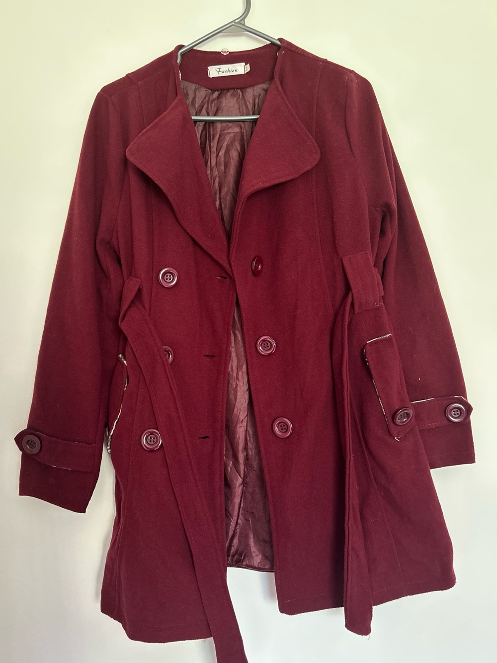Burgundy Chic Double Breasted Coat with Belt